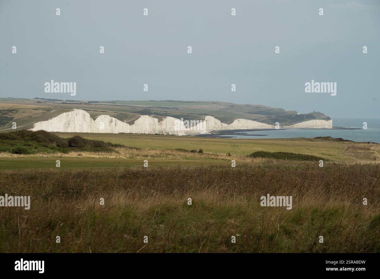 Le iconiche sette Sorelle, in Inghilterra, sono viste da lontano, affacciate sul Canale della Manica. Un campo da golf è visibile in primo piano. Foto Stock
