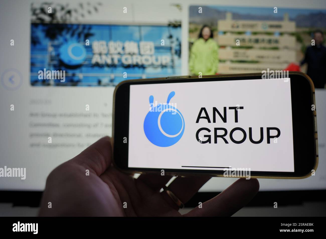 Roosendaal, Paesi Bassi - 15 febbraio 2025: Un telefono cellulare che mostra il logo del gruppo Ant, con il sito web dell'azienda sullo sfondo. Foto Stock