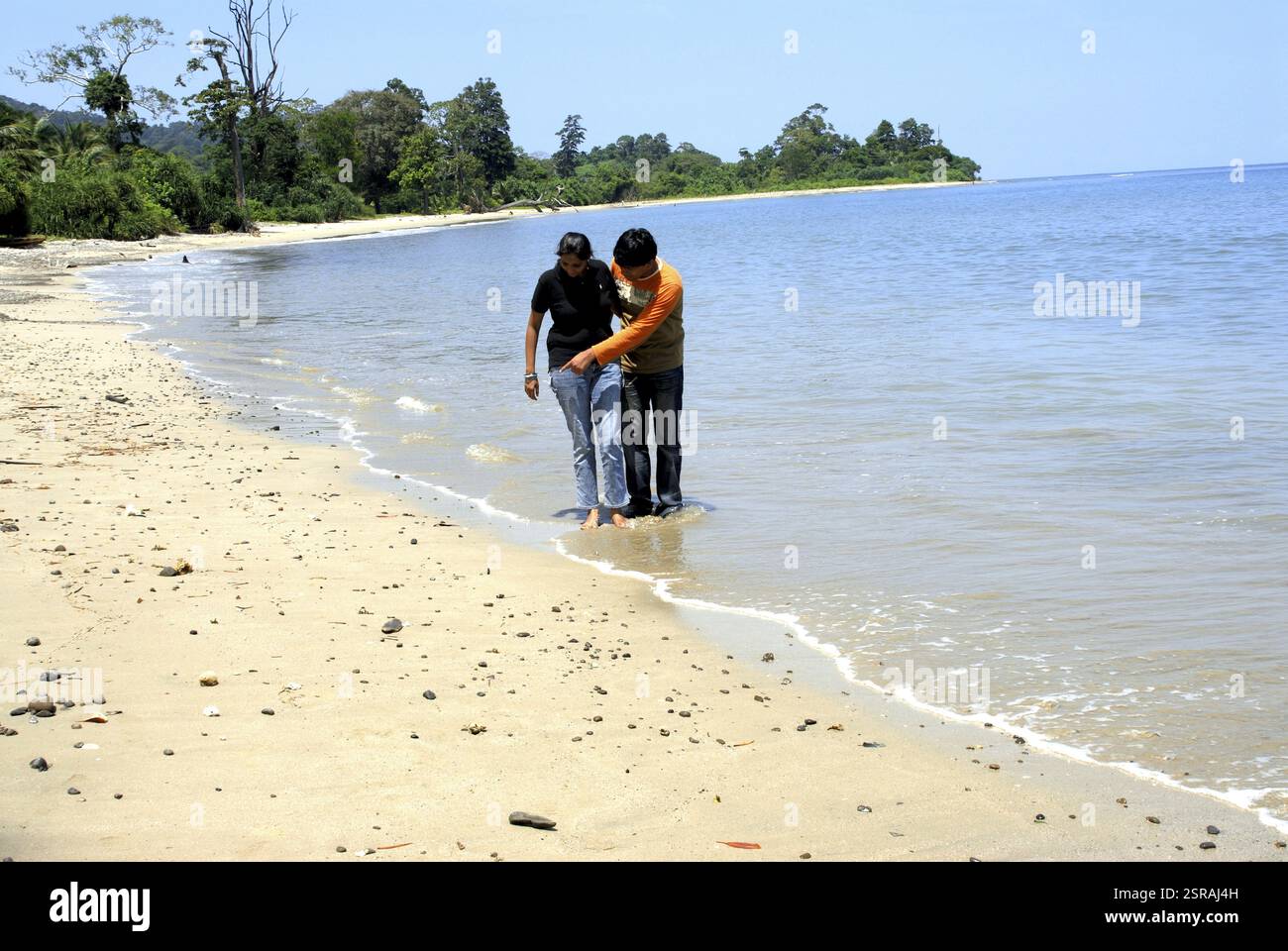 Coppia che cerca conchiglie in acqua a Rangat Beach, Middle Andaman Islands, Bay of Bengal, India MR#736J, 736K 2008 Foto Stock