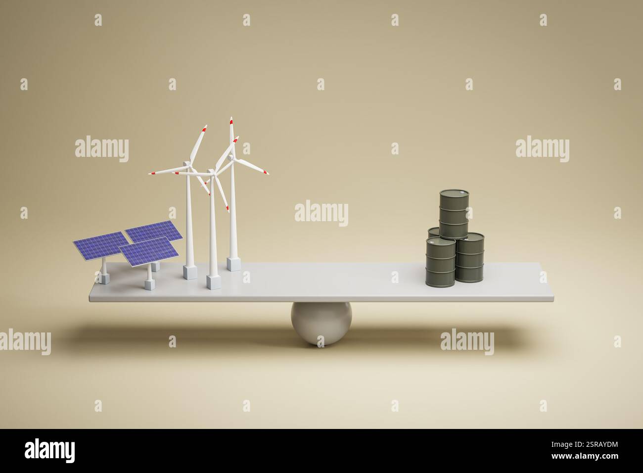 Energia rinnovabile rispetto al concetto di energia basata su fossili. Pannelli solari e mulini a vento in equilibrio rispetto ai tamburi oleosi. Sfondo senza interruzioni Foto Stock