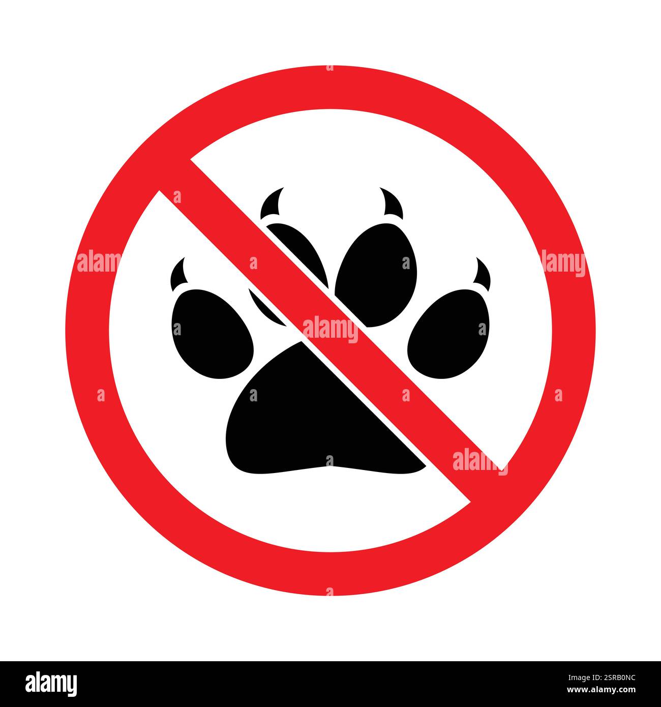 Non sono ammessi animali domestici e animali domestici, simbolo di divieto rosso, segni di impronta in colore nero. Nessun vettore di segno animale impostato. Cartello rosso di divieto senza animali domestici. Illustrazione Vettoriale