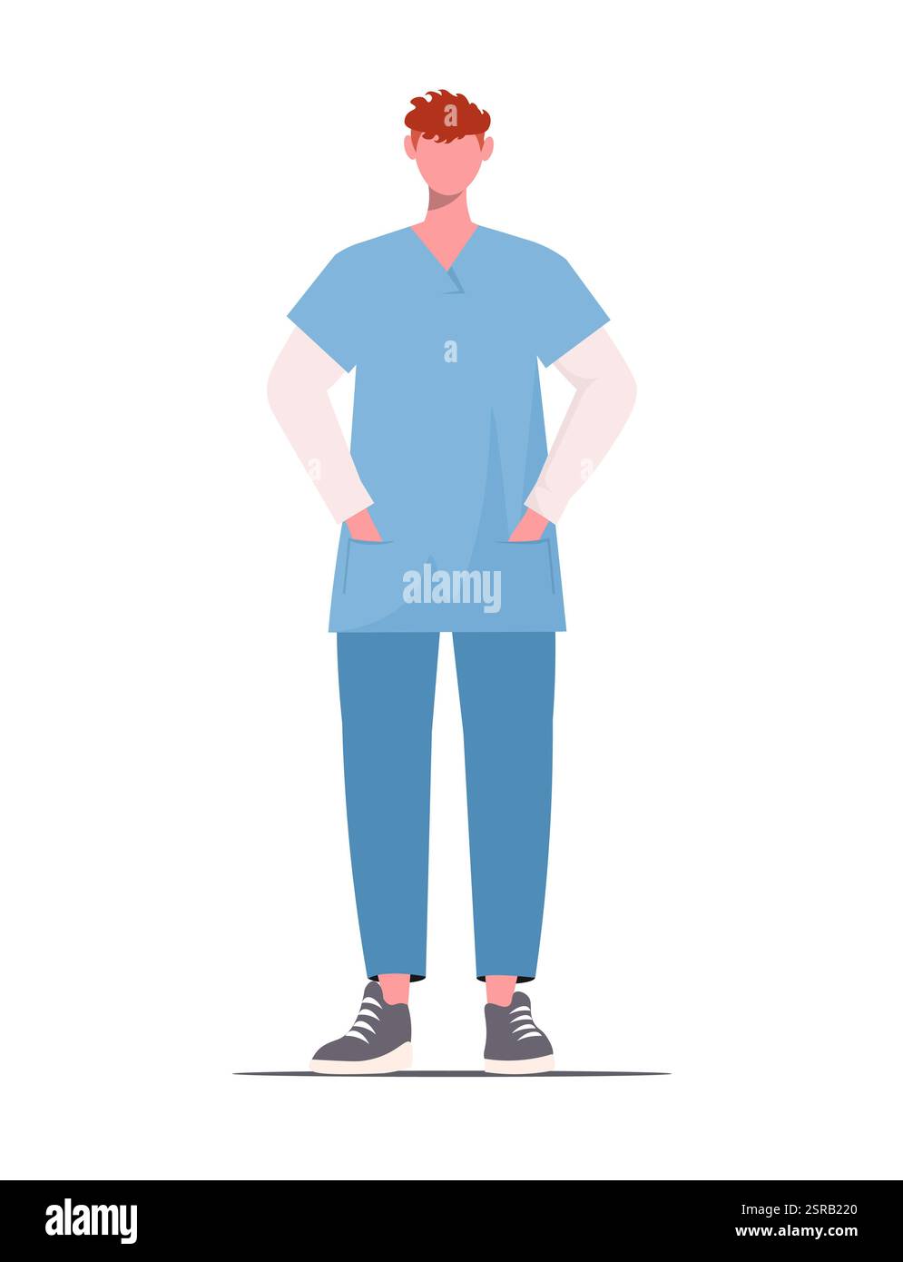 Personale medico in uniforme blu isolato su sfondo bianco. Infermiera maschile dei cartoni animati. Concetto di assistenza medica e sanitaria. Illustrazione vettoriale non generata ai Foto Stock