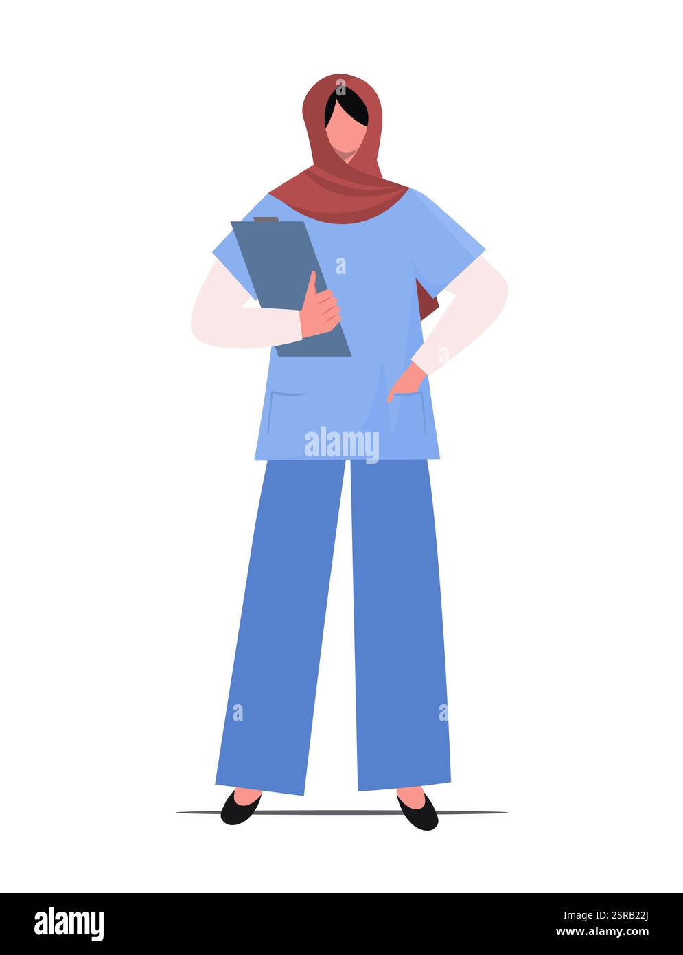 Giovane donna musulmana in hijab e uniforme medica su sfondo bianco. Ritratto di un'infermiera che tiene in mano una clipboard per le storie dei pazienti. Ill vettoriale Foto Stock