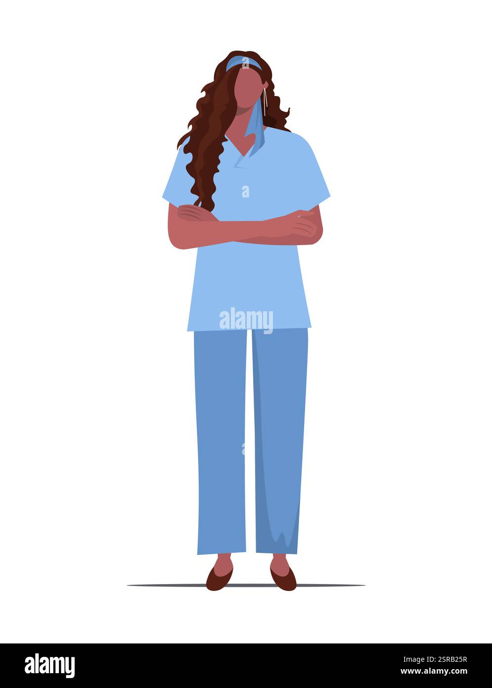 Graziosa giovane donna afroamericana infermiera in uniforme medica in piedi con le braccia piegate sul petto. Illustrazione vettoriale non generata ai Foto Stock