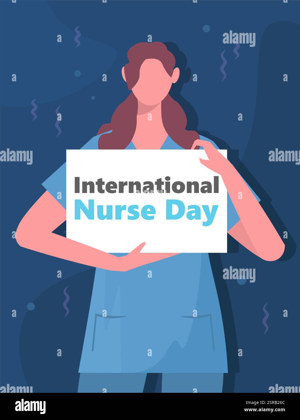 Giornata internazionale degli infermieri. Una giovane infermiera in uniforme medica tiene uno striscione tra le mani con l'iscrizione International Nurses Day. Vettore Foto Stock