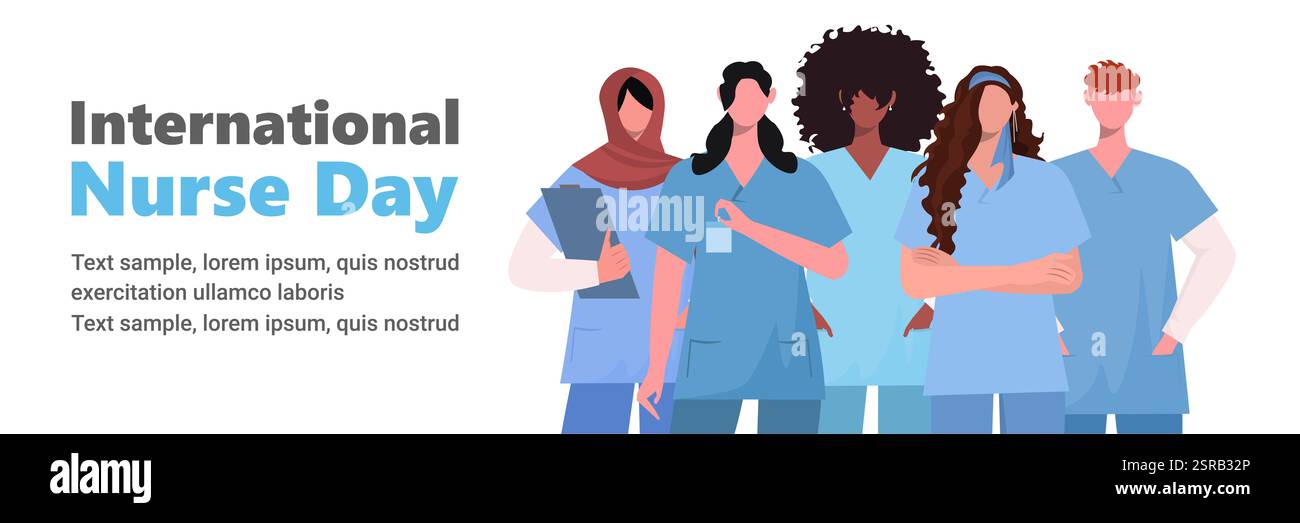 Giornata internazionale degli infermieri. Celebrato ogni anno il 12 maggio. Gruppo di caratteri infermieri multietnici. Banner per social media, scheda, poster. Vettore Foto Stock