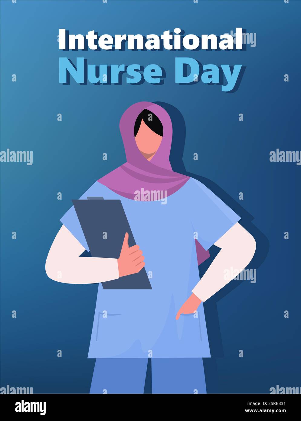 Giornata internazionale degli infermieri. Giovane donna musulmana infermiera in hijab e uniforme medica in possesso di un appunti per i pazienti storie in mano. Illustrazione vettoriale Foto Stock