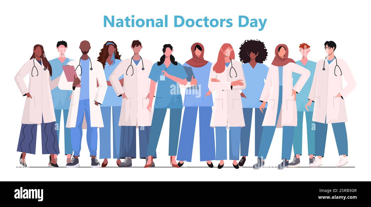 Giornata nazionale dei medici. Un gruppo di medici e infermieri in piedi insieme come simbolo di gratitudine e sostegno per il loro lavoro. Illustrazione vettoriale non IA Foto Stock