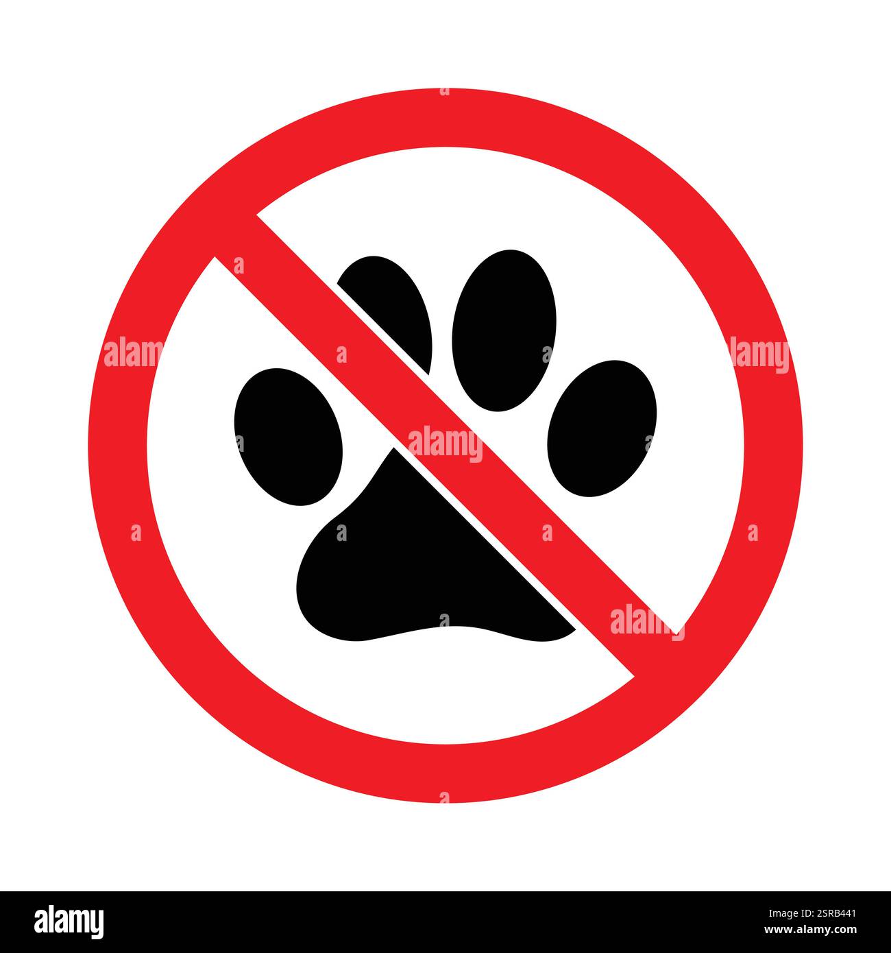 Non sono ammessi animali domestici e animali domestici, simbolo di divieto rosso, segni di impronta in colore nero. Nessun vettore di segno animale impostato. Cartello rosso di divieto senza animali domestici. Illustrazione Vettoriale