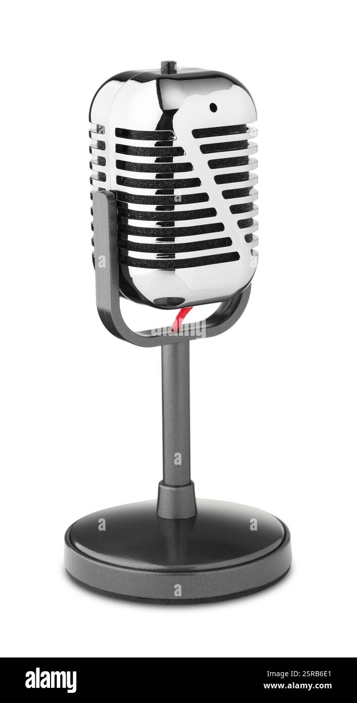 Microfono vintage isolato su bianco. Attrezzature musicali Foto Stock