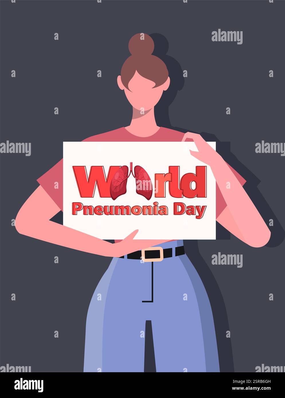 Giornata mondiale della polmonite. Una giovane donna in abiti casual tiene uno striscione tra le mani con l'iscrizione giornata Mondiale della polmonite. Illustrazione vettoriale non IA Foto Stock