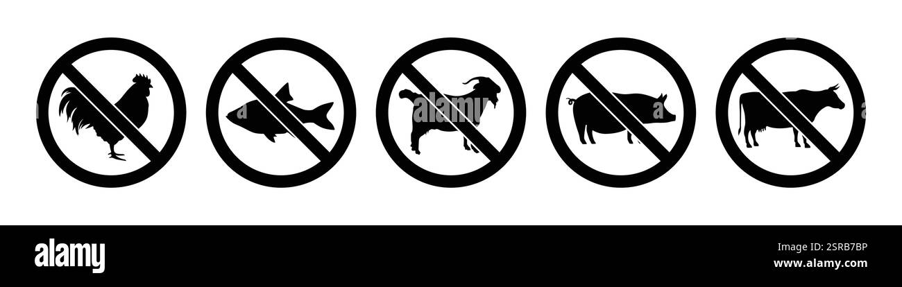 Simbolo di divieto nero non vegetariano con il set di icone di pollo, pesce, capra, maiale e carne di manzo proibito. Raccolta di icone di divieto non veg. Illustrazione Vettoriale Simbolo di divieto nero non vegetariano con il set di icone di pollo, pesce, capra, maiale e carne di manzo proibito. Raccolta di icone di divieto non veg. Illustrazione Vettoriale