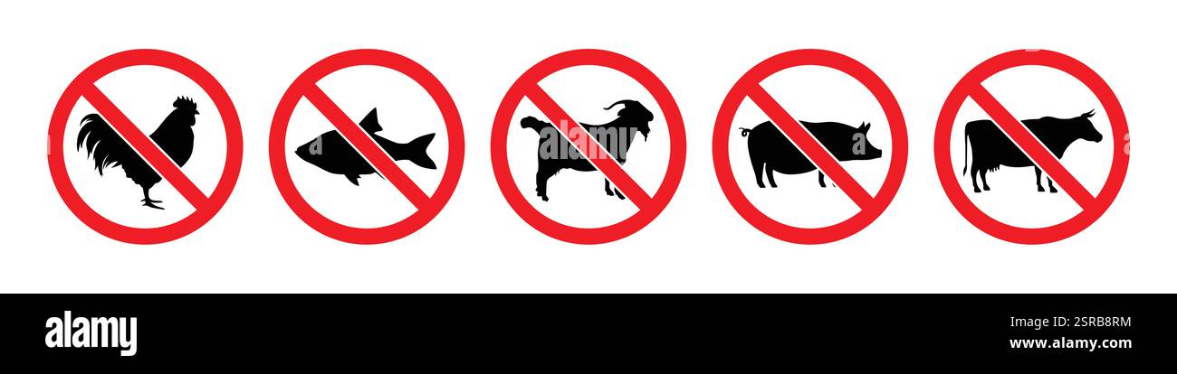 Simbolo di divieto rosso non vegetariano con set di icone proibite di carne di manzo, maiale, capra, pesce e pollo. Raccolta di icone di divieto non veg. Illustrazione Vettoriale Simbolo di divieto rosso non vegetariano con set di icone proibite di carne di manzo, maiale, capra, pesce e pollo. Raccolta di icone di divieto non veg. Illustrazione Vettoriale
