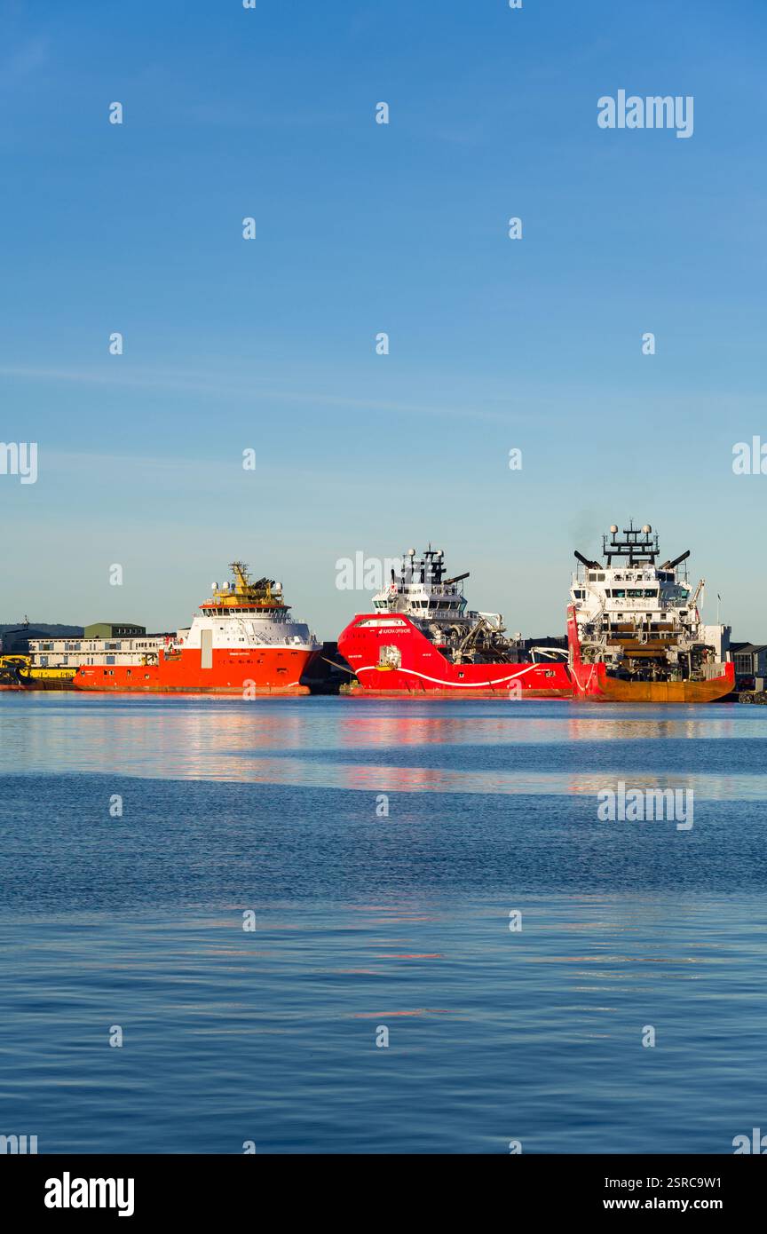 Diverse navi da traino offshore all'ancora nel porto di Bergen, in Norvegia Foto Stock
