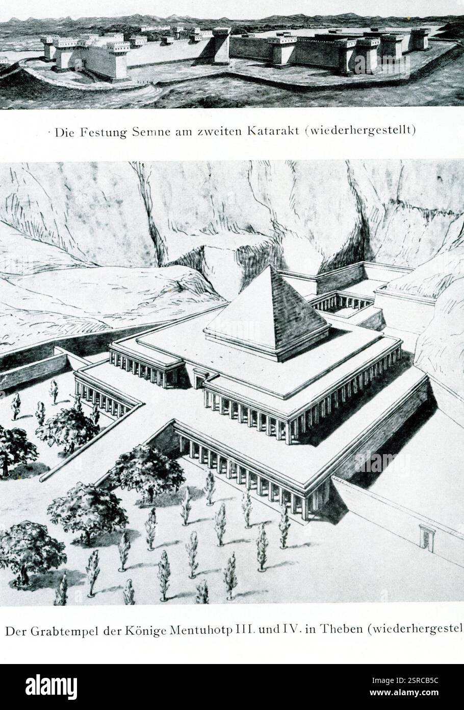 Questa immagine del 1925 mostra la fortezza di Semne nella seconda Cataratta (vista restaurata) e il tempio funerario di re Mentuhotep III e IV a Tebe (restaurato). Semna South si trova lungo una delle parti più strette del fiume Nilo, a sud di Wadi Halfa e a nord di Abri. I numerosi scavi di Semna South hanno dimostrato che questo sito include una fortezza che fu probabilmente utilizzata per il commercio lungo il Nilo nella seconda Cataratta. Risale alla XII dinastia del Medio Regno. La regione di Semna si trova 24 miglia a sud di Wadi Halfa ed è situata dove le rocce attraversano il Nilo restringendo il suo flusso: La Semna Cata Foto Stock