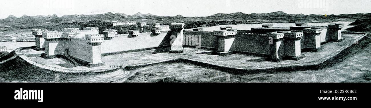 Questa immagine del 1925 mostra la fortezza di Semne nella seconda Cataratta (vista restaurata) e il tempio funerario di re Mentuhotep III e IV a Tebe (restaurato). Semna South si trova lungo una delle parti più strette del fiume Nilo, a sud di Wadi Halfa e a nord di Abri. I numerosi scavi di Semna South hanno dimostrato che questo sito include una fortezza che fu probabilmente utilizzata per il commercio lungo il Nilo nella seconda Cataratta. Risale alla XII dinastia del Medio Regno. La regione di Semna si trova 24 miglia a sud di Wadi Halfa ed è situata dove le rocce attraversano il Nilo restringendo il suo flusso: La Semna Cata Foto Stock