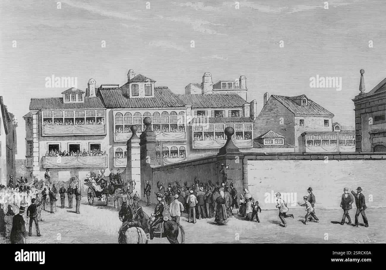 Viaggio dei re di Spagna, Alfonso XII (1857-1885) e Maria Cristina di Asburgo-Lorena (1858-1929), verso le province nord-occidentali. Ferrol, Galizia. Il re e la regina visitarono la chiesa di San Julián il 21 agosto 1884. Disegno di Manuel Nao. Incisione di Capuz. The Spanish and American Illustration (la Ilustración Española y americana). 15 settembre 1884. Foto Stock