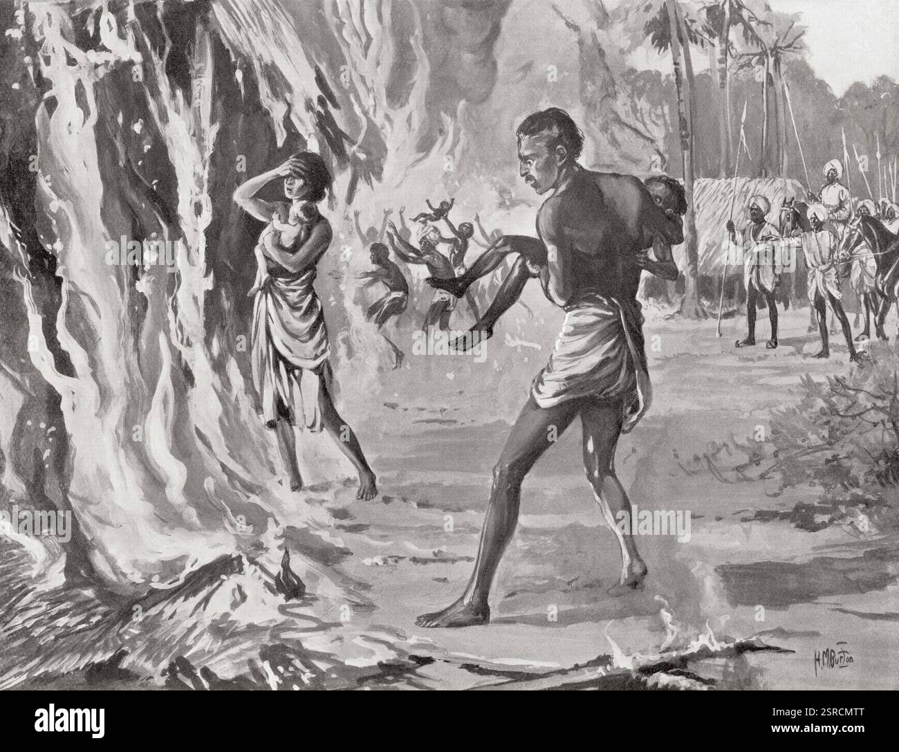 Gli abitanti di un villaggio in India sacrificare se stessi sul fuoco per evitare crudele saccheggiare Pindaris Foto Stock