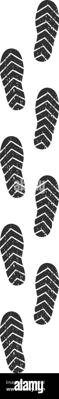 Illustrazione verticale con una serie di stampe scure di stivali con un effetto grunge testurizzato, che evocano un senso di movimento e direzione su uno sfondo bianco pulito Illustrazione Vettoriale