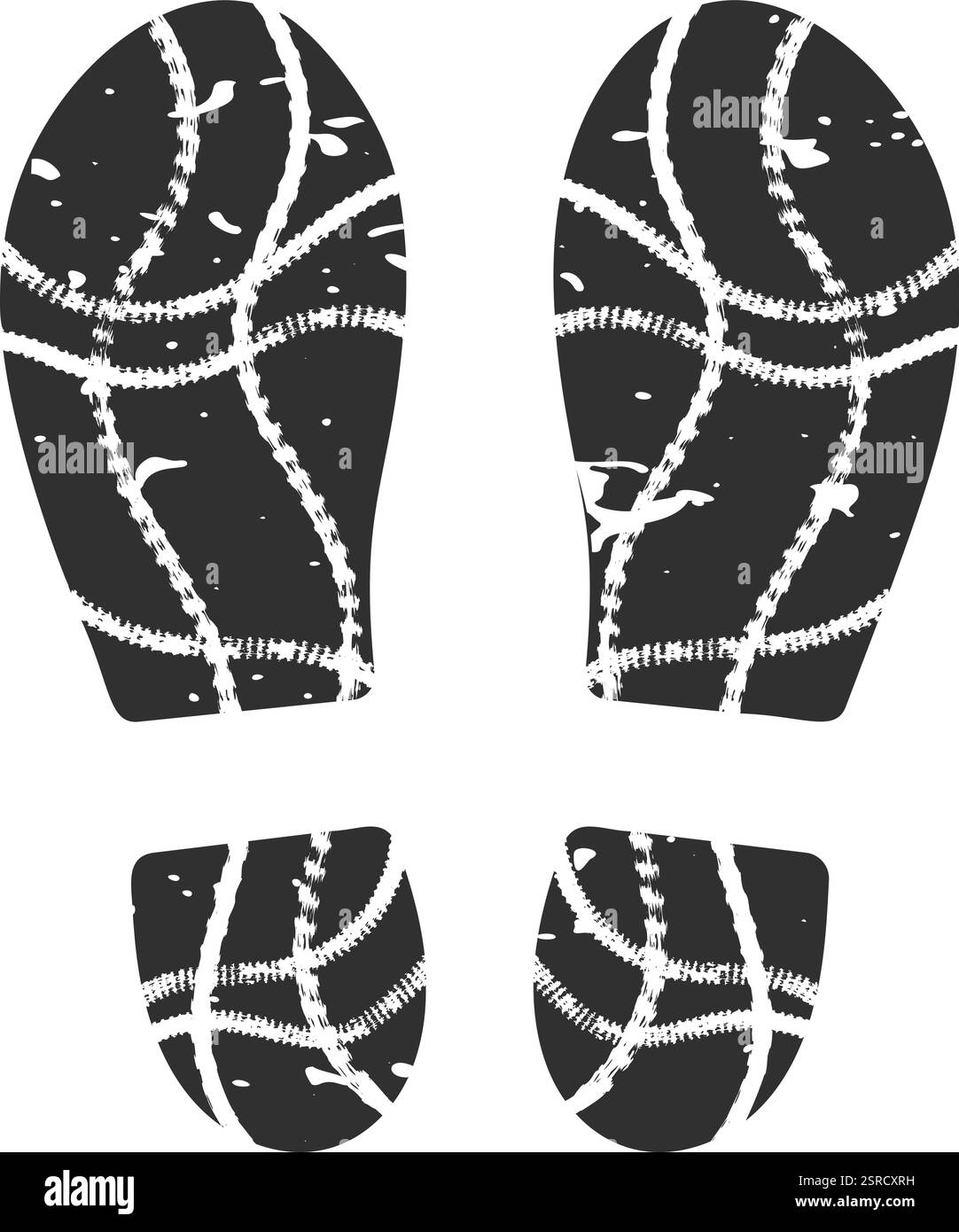 Stampe di scarpe che lasciano tracce distinte su uno sfondo bianco, creando una visuale ideale per scene del crimine o contesti investigativi, mettendo in evidenza prove e misteri Illustrazione Vettoriale