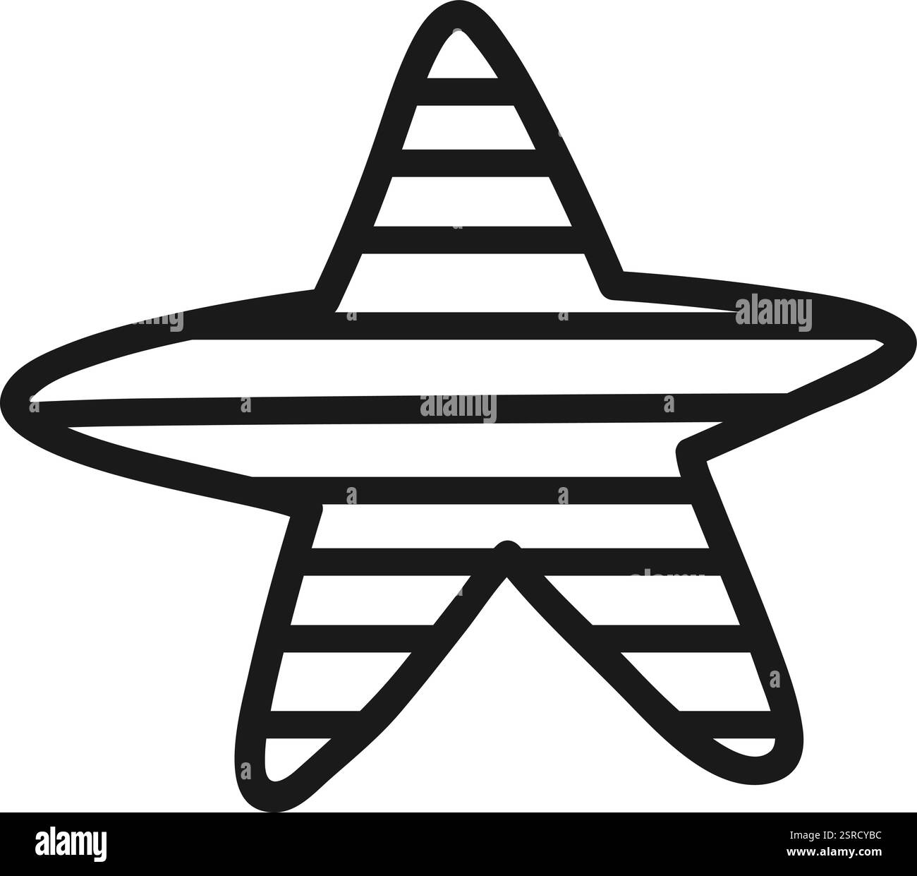 Semplice disegno in bianco e nero di una stella a cinque punte con strisce orizzontali che formano un motivo decorativo, ideale per vari progetti di design Illustrazione Vettoriale