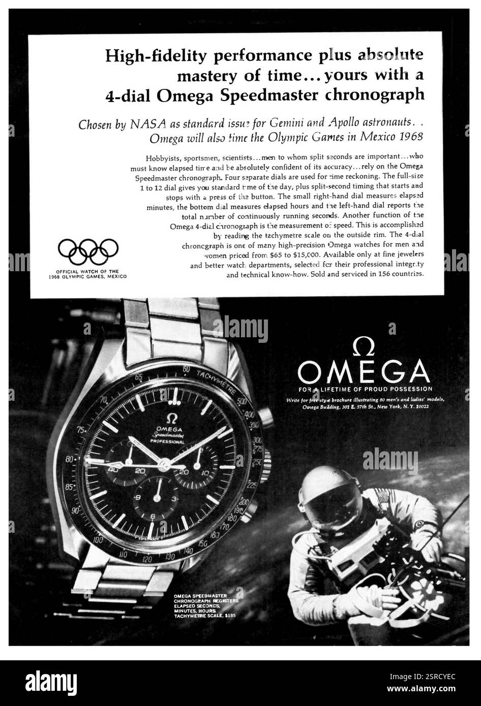1967 US Omega Speedmaster Chronograph ad - "scelto dalla NASA come numero standard per gli astronauti Gemini e Apollo..." - "Official Watch of 1968 Olympic Games Mexico" Foto Stock