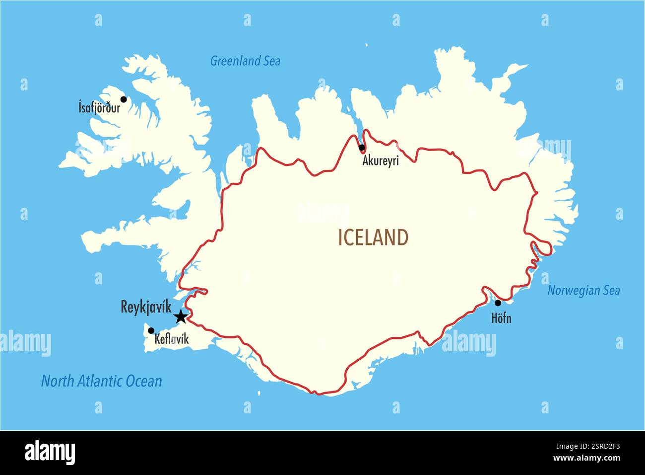 Mappa dell'Islanda con le principali città e il percorso della circonvallazione - Infografica Foto Stock