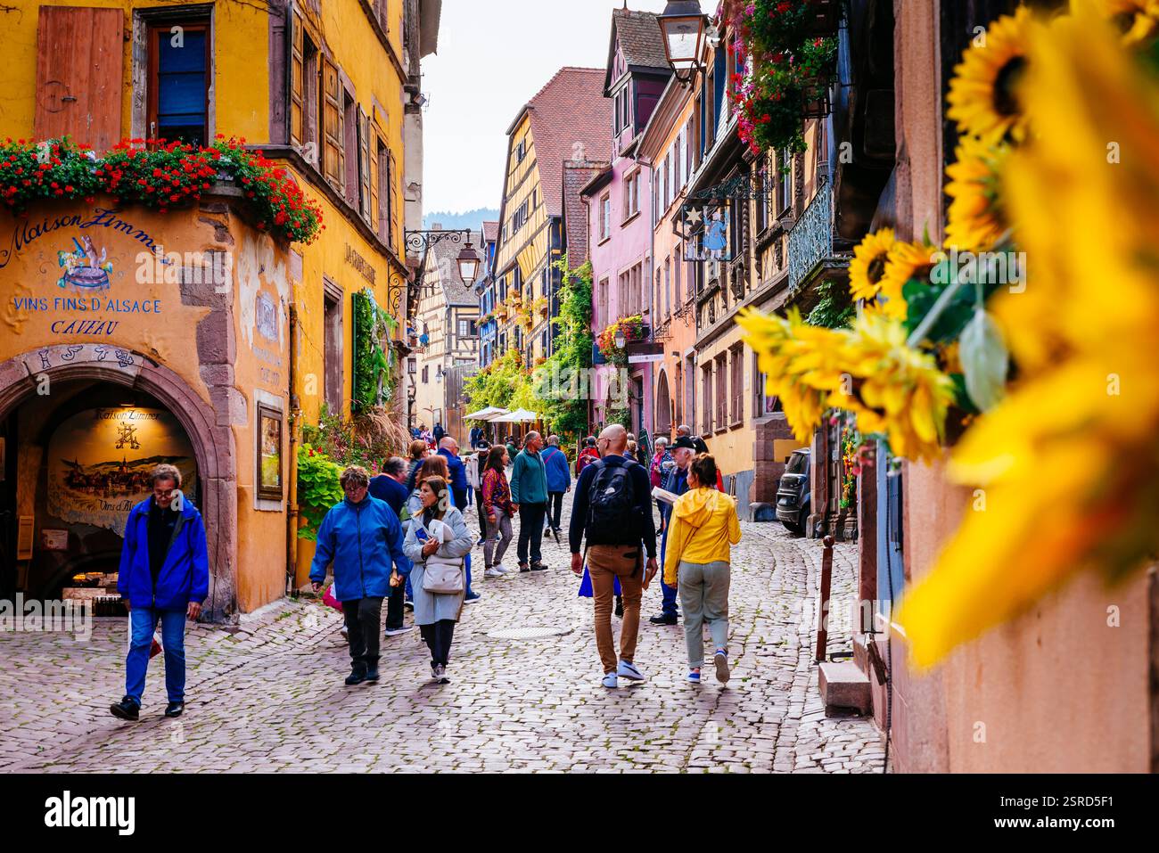 Turisti che visitano il villaggio. Sainte-Marie-aux-Mines, Colmar-Ribeauvillé, Haut-Rhin, Grand Est, Francia, Europa Foto Stock