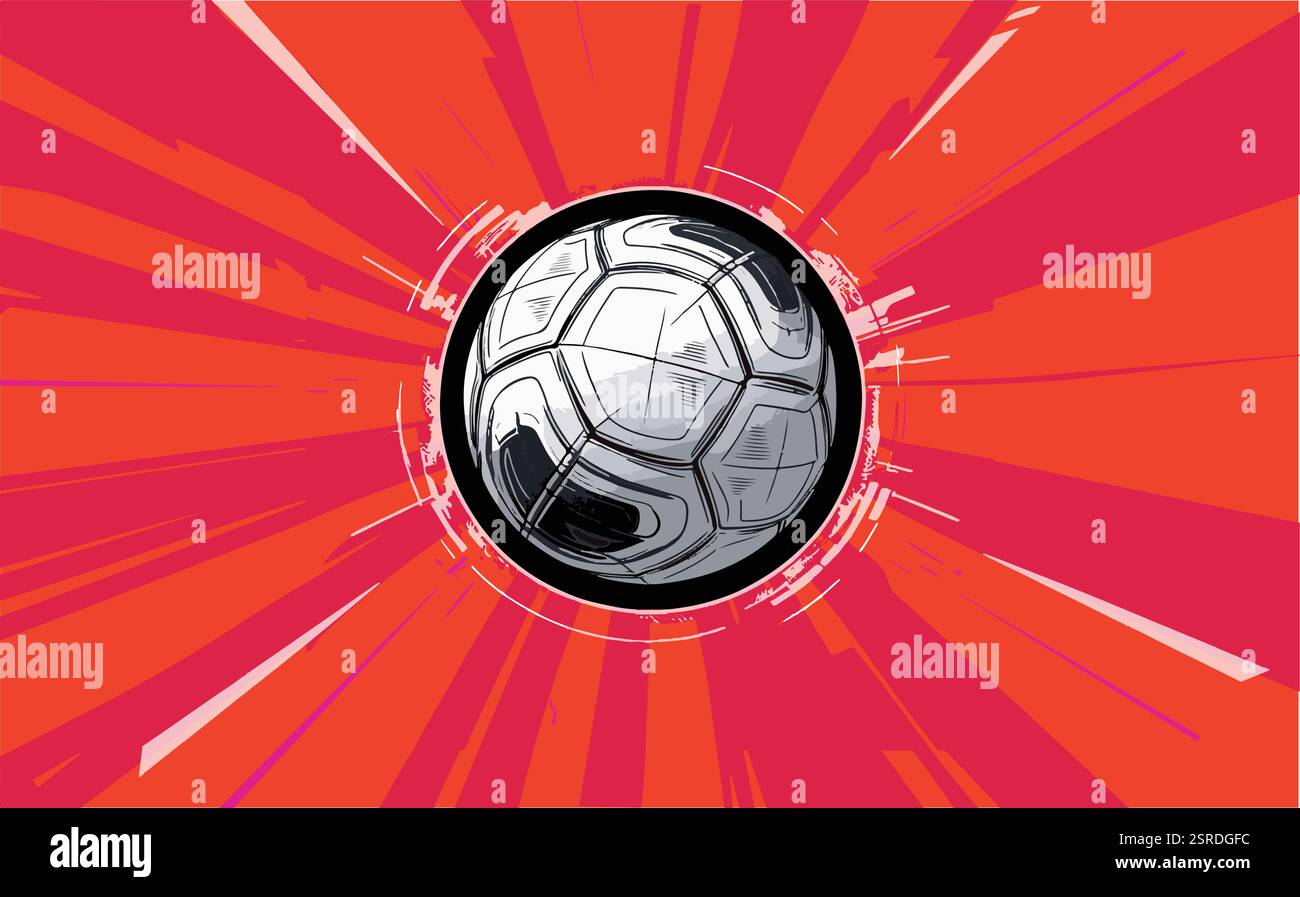 Pallone da calcio in bianco e nero con una dinamica grafica con prospettiva a un punto con linee d'azione rosse e arancioni, che creano un movimento vorticoso ad alta energia. Illustrazione Vettoriale