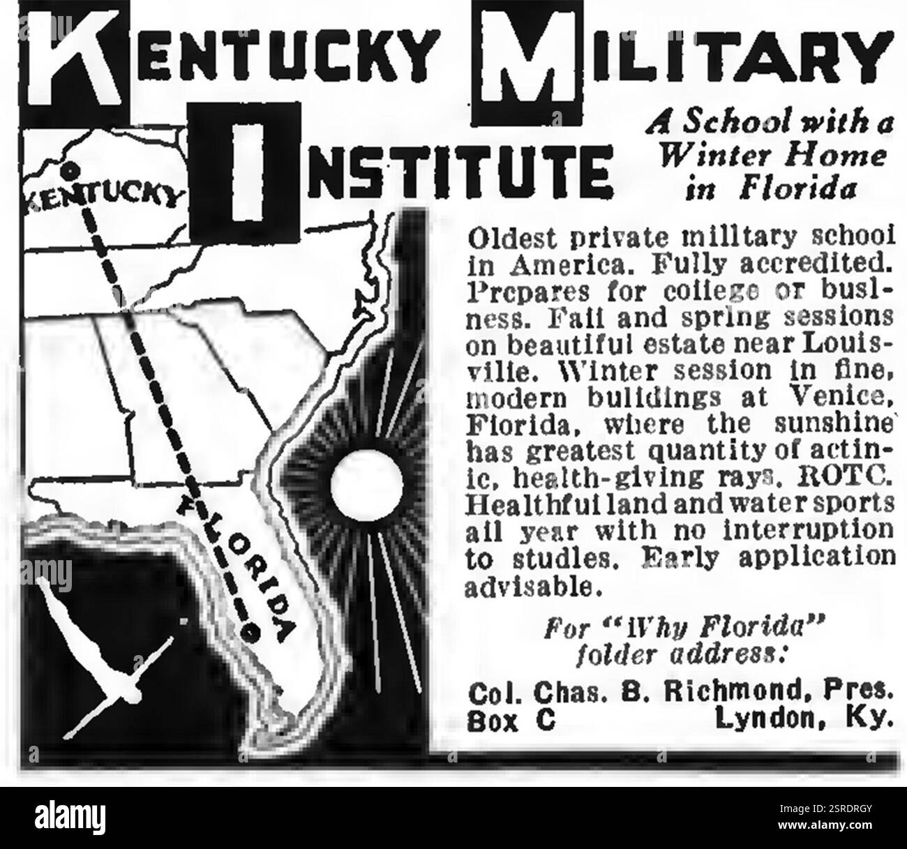 1960 US Kentucky Military institute ad - "Una scuola con una casa invernale in Florida" Foto Stock