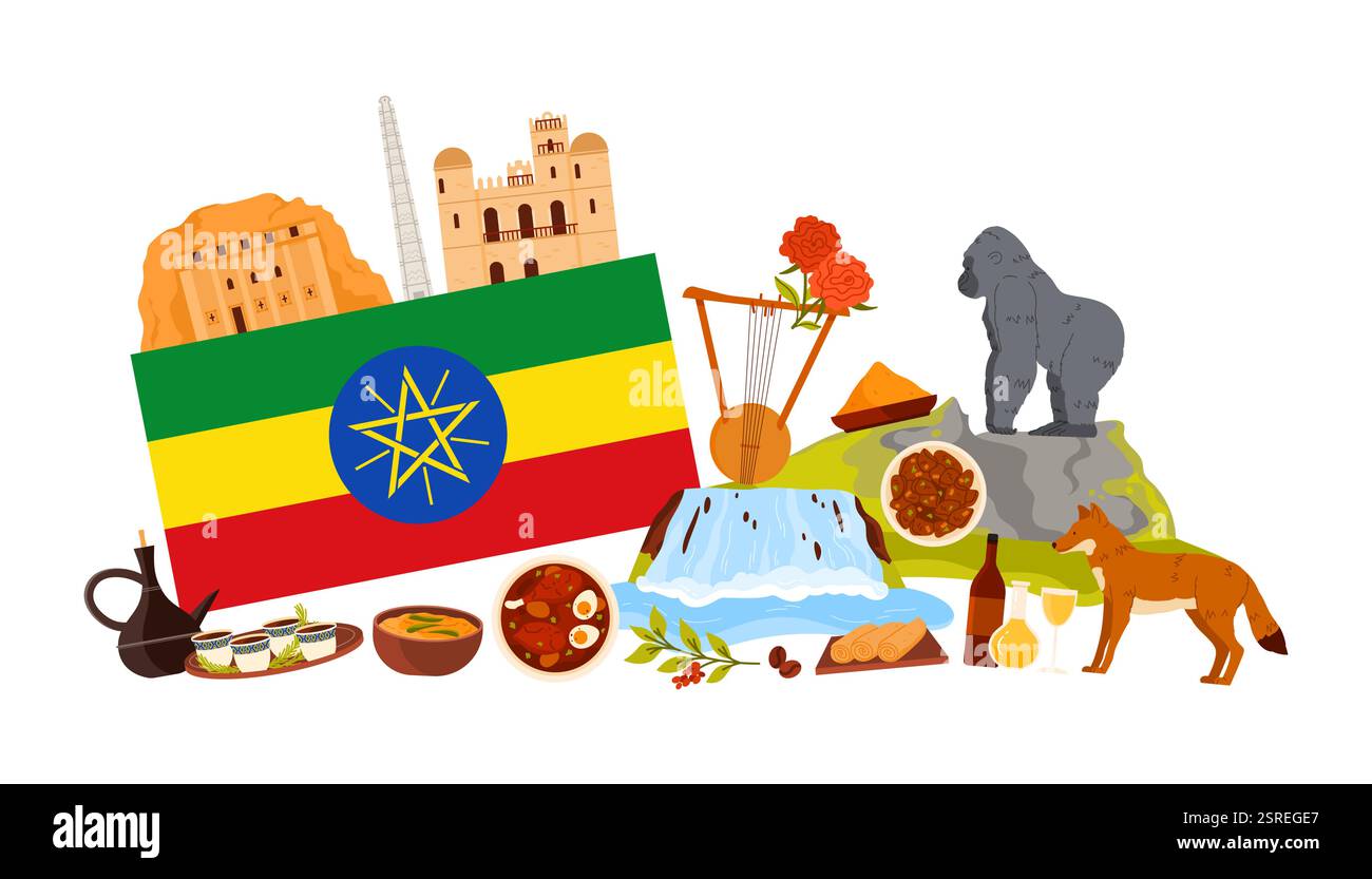 Viaggia verso l'Etiopia, con elementi culturali, luoghi di interesse e cibo in un poster infografico collage. Obelisco di Axum e Chiesa a lalibela, focaccia di Injera, doro wat e illustrazione vettoriale dei cartoni animati del caffè Illustrazione Vettoriale