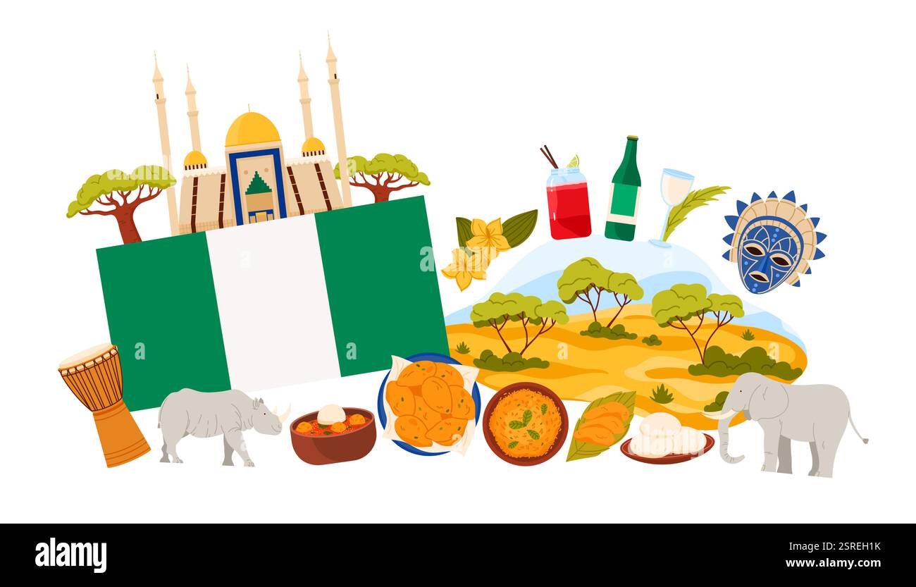 Viaggia verso la Nigeria, gli elementi culturali nazionali e la natura, i luoghi di interesse e il cibo in uno striscione infografico collage. Moschea Nazionale di Abuja e bandiera grande, animali di savannah paesaggio illustrazione vettoriale di cartoni animati Illustrazione Vettoriale