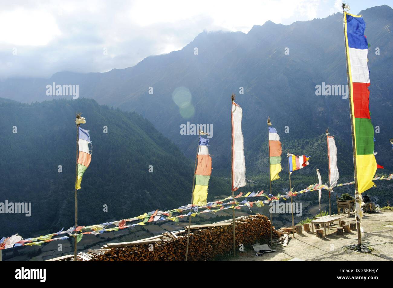 Bandiera Santa nel maiale superiore, Nepal, Asia Foto Stock