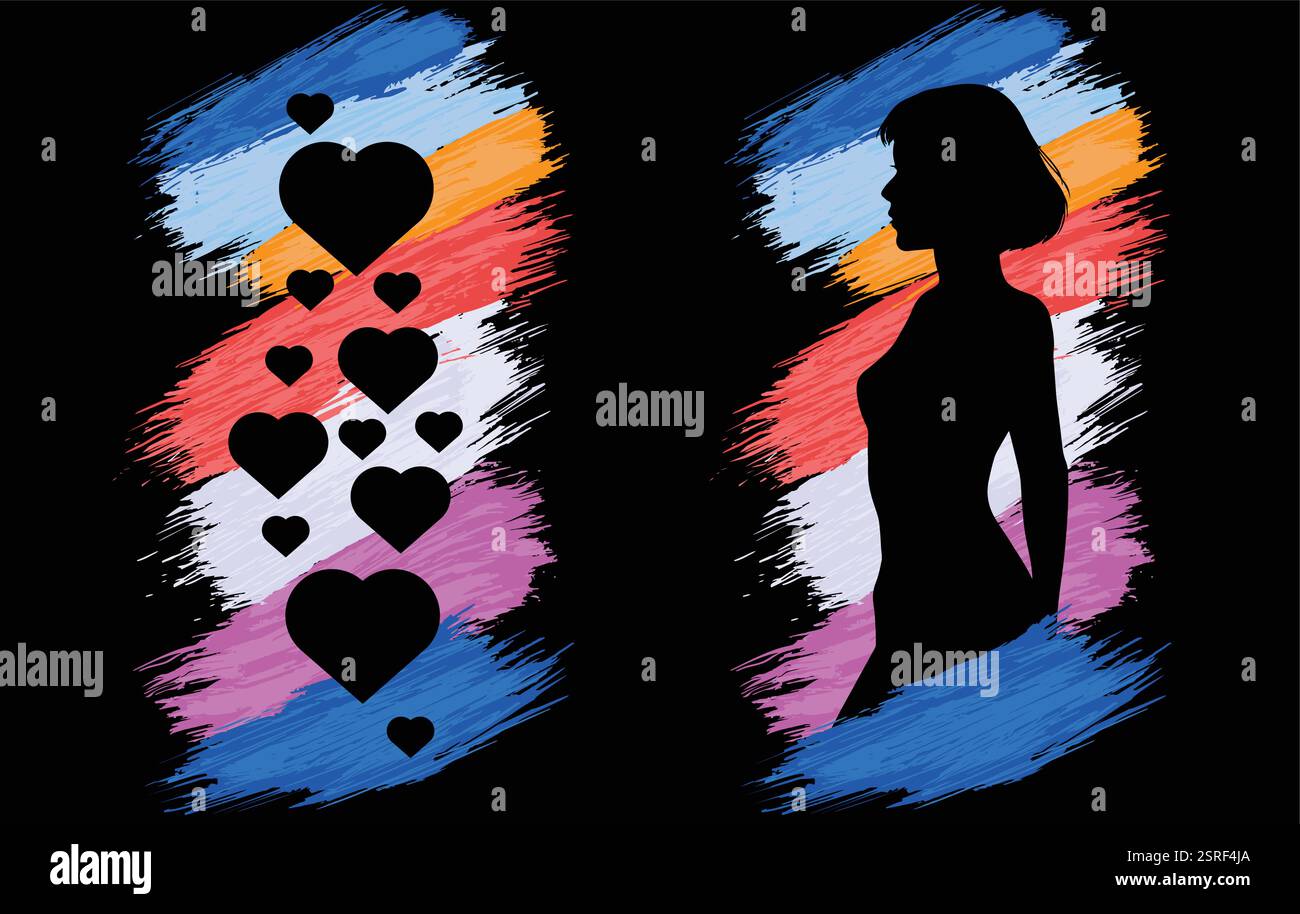 vivace composizione in stile grunge con coloratissimi segni di vernice, una silhouette di una donna, cuori d'amore, simbolismo romantico. Illustrazione Vettoriale