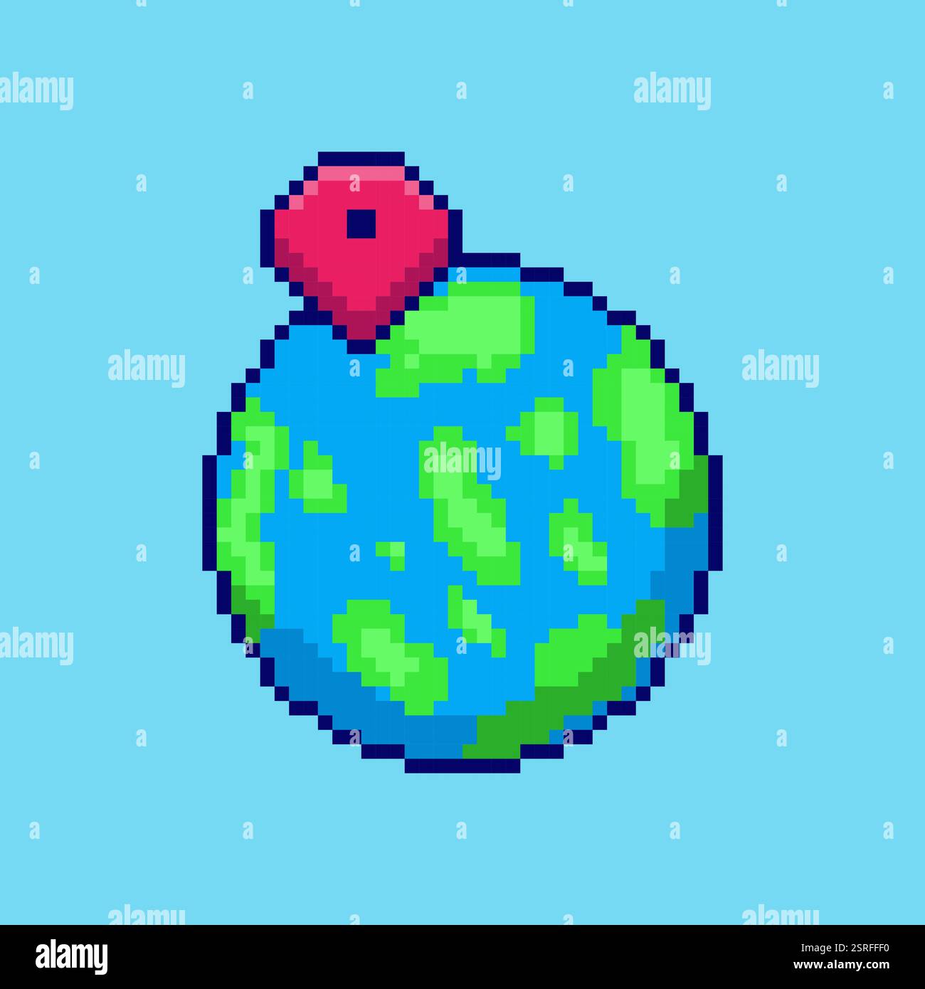 Pixel art Earth con design delle risorse di gioco con pin di posizione Illustrazione Vettoriale