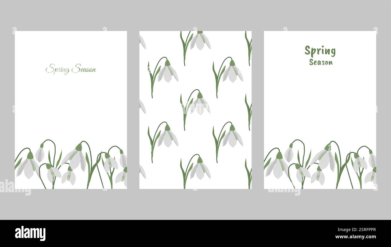 Poster o set di schede con modello Hello Spring. Una brillante cartolina decorata con nevicate fiorite e motivi di luce. Illustrazione vettoriale per il design della copertina materiale di marketing prodotti naturali e biologici. Illustrazione Vettoriale
