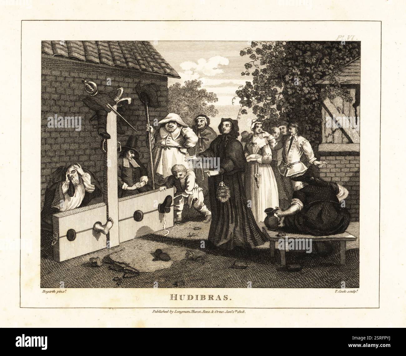Le Hudibre di Samuel Butler in Tribulation. Hudibras langue nelle scorte con il suo scudiero Ralpho. La vedova in abito lutto viene a visitarlo nella sua vergogna. La spada del cavaliere, la pistola a pietra focaia e lo stivale sono appesi alle scorte, mentre uno yokel solleva il cappello su un bastone. Incisione Copperplate di Thomas Cook da The Genuine Works of William Hogarth, Longman, Hurst, Londra, 1808. Foto Stock