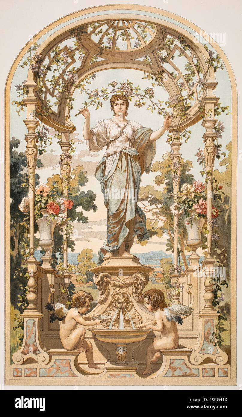 Wand Dekoration (decorazione murale), disegno di interni ad acquerello del professore d'arte viennese Georg Sturm di Decorative Vorbilder X, 1899 Foto Stock