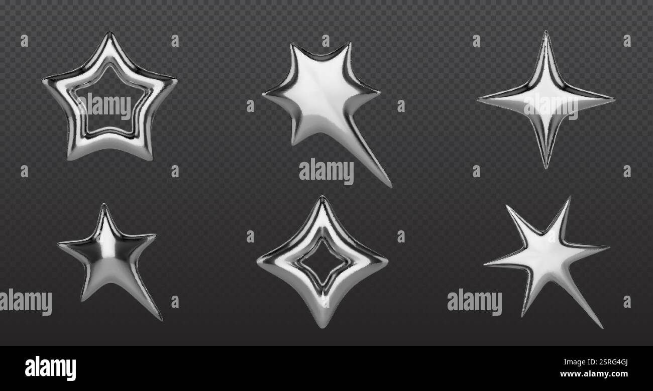 Collezione Metallic Chrome Stars - forme 3d argento con superfici riflettenti, elementi geometrici in stile y2k, oggetti decorativi cavi e solidi con g Illustrazione Vettoriale