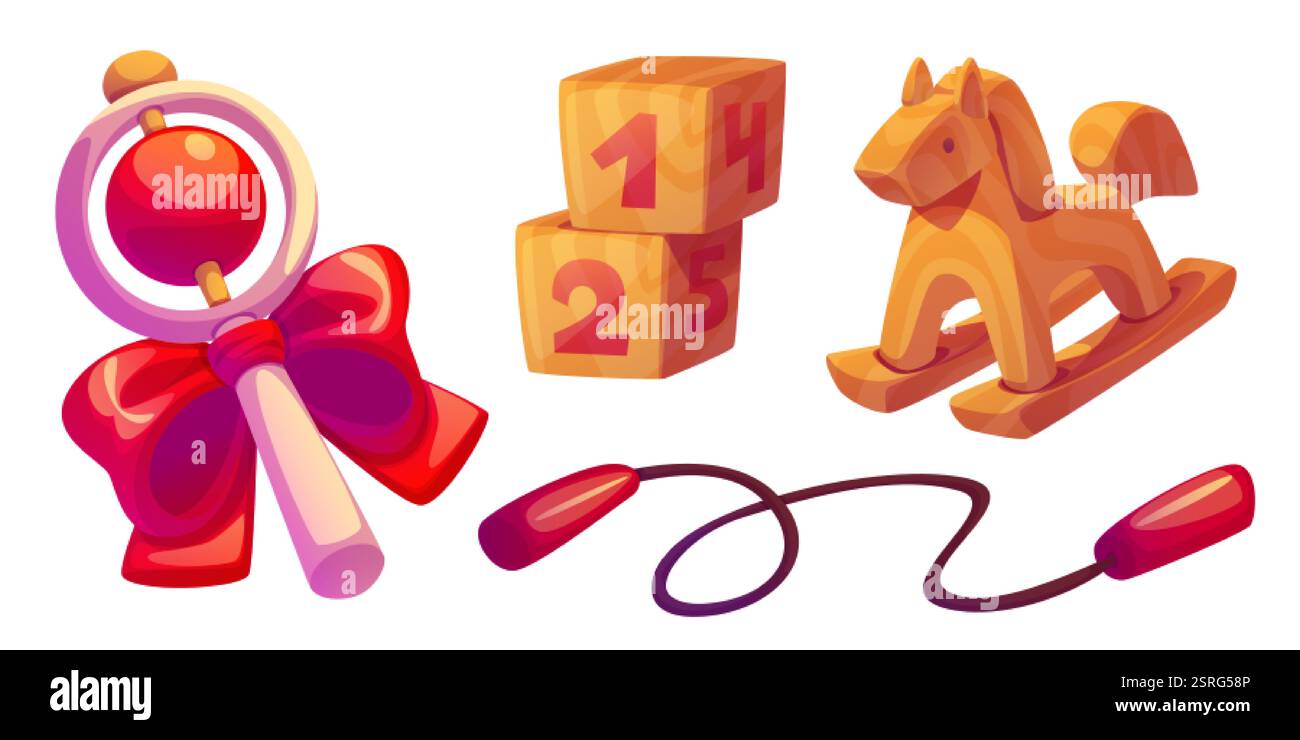 Collezione di giocattoli in legno con blocchi didattici numerati, cavallo a dondolo, sonaglino con arco rosso, corda di salto. Giochi ecologici per bambini in età prescolare Illustrazione Vettoriale