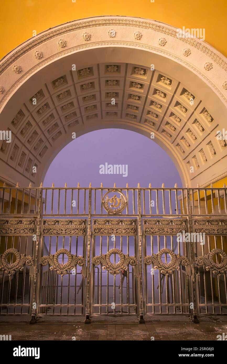 La foto verticale del cancello storico con griglie in metallo forgiato, un elemento architettonico, nella città di Stavropol, Russia. Foto Stock