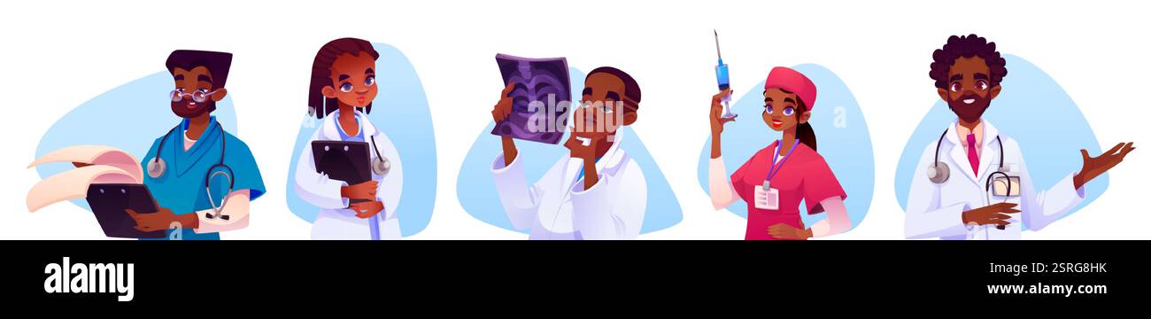 Set di professionisti medici africani - medico con appunti, infermiere che tiene compresse, medico che esamina raggi X, operatore sanitario con siringa, specialista Illustrazione Vettoriale