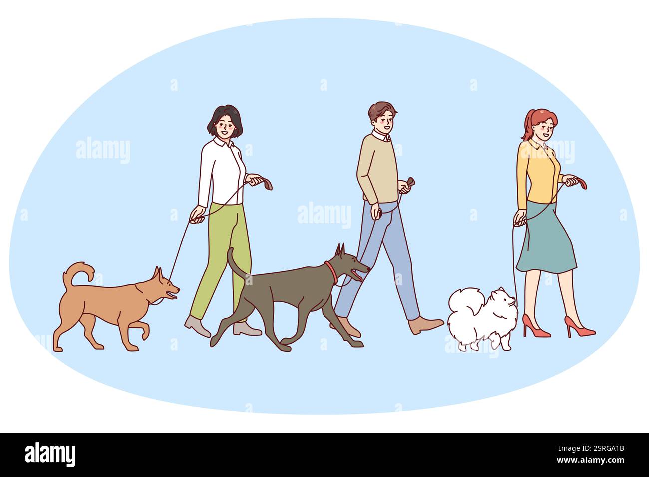 Menschen, Die mit angeleinten Hunden spazieren gehen persone con cani al guinzaglio che camminano in gara canina. I proprietari di animali domestici sono accompagnati da animali domestici al compet Foto Stock