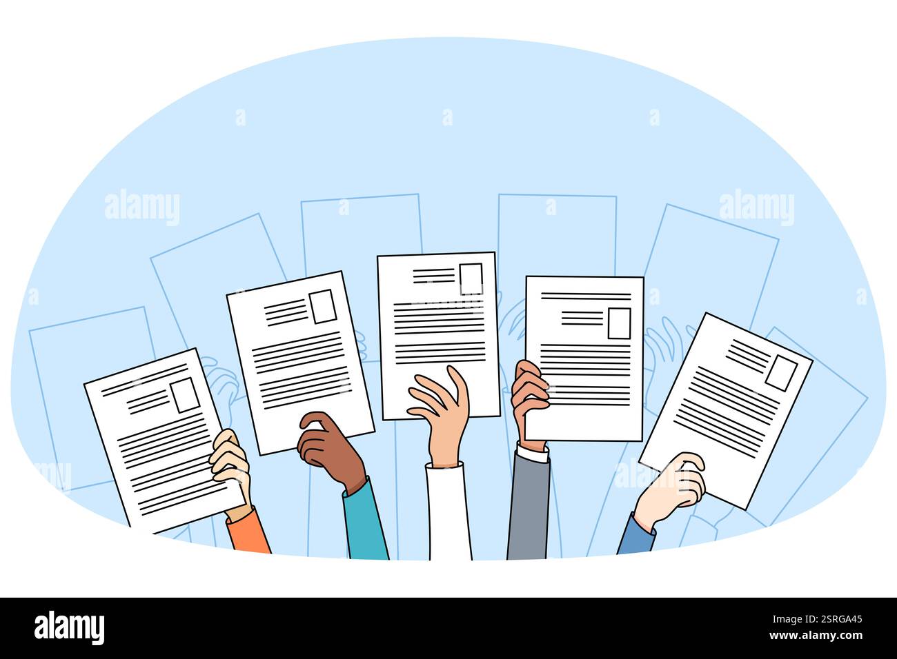 Menschen mit Lebenslauf in der Hand bewerben sich auf eine freie stelle persone diverse le mani sollevano in attesa di curriculum o CV offrono candidatura in posizione aperta Foto Stock