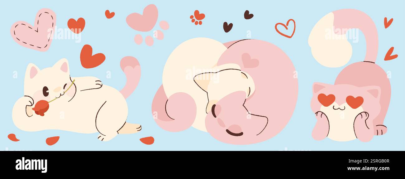 Simpatici gatti innamorati su sfondo azzurro. Illustrazione vettoriale di animali domestici in stile kawaii che guardano con gli occhi del cuore, abbracciano, flirtano con il fiore dentro Illustrazione Vettoriale
