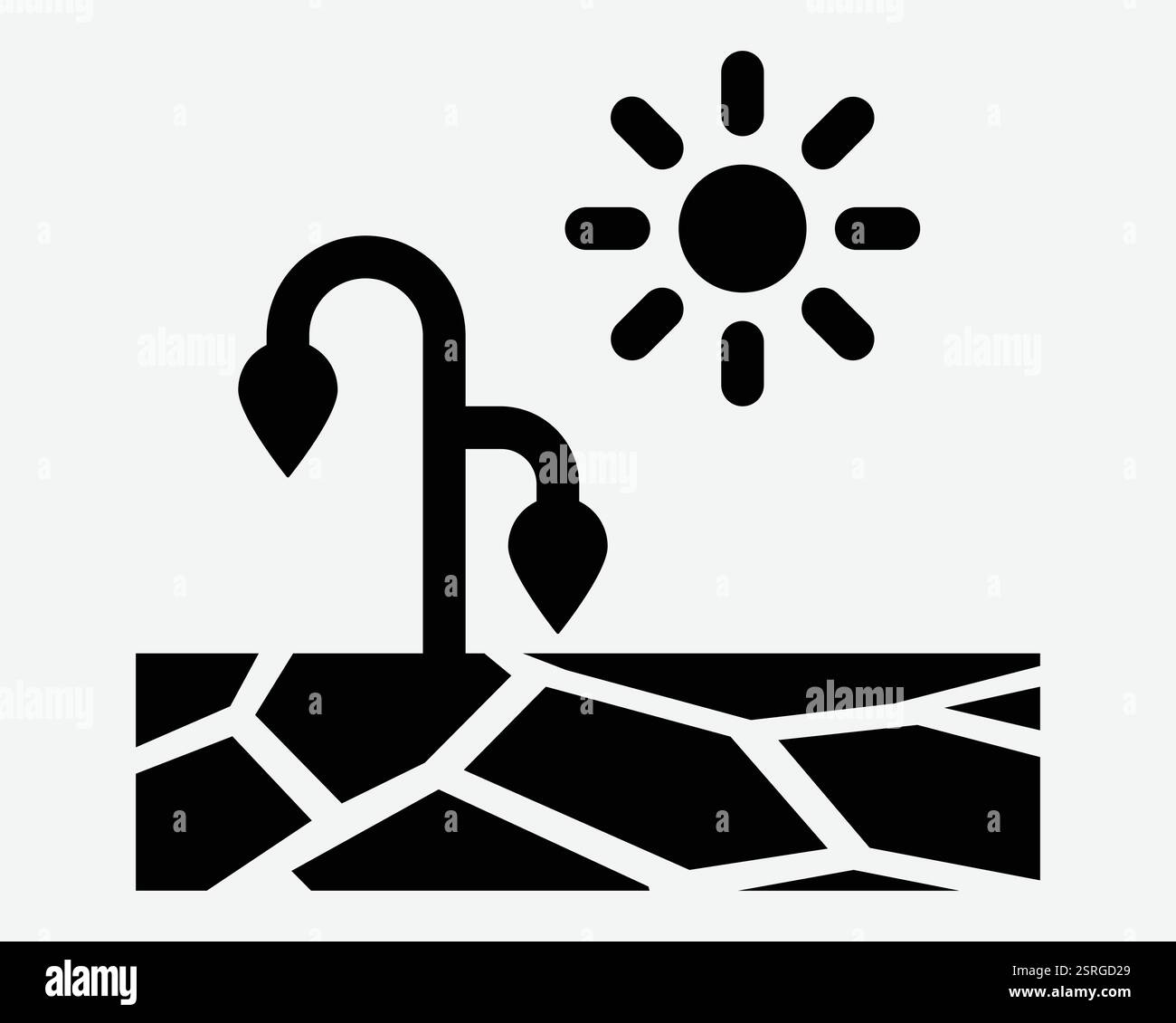 Siccità tempo Sole Estate soleggiato dessert caldo cambiamento climatico riscaldamento globale Dead Die Plant Wilt Land Crack simbolo icona bianco nero Ill grafico Ill Illustrazione Vettoriale