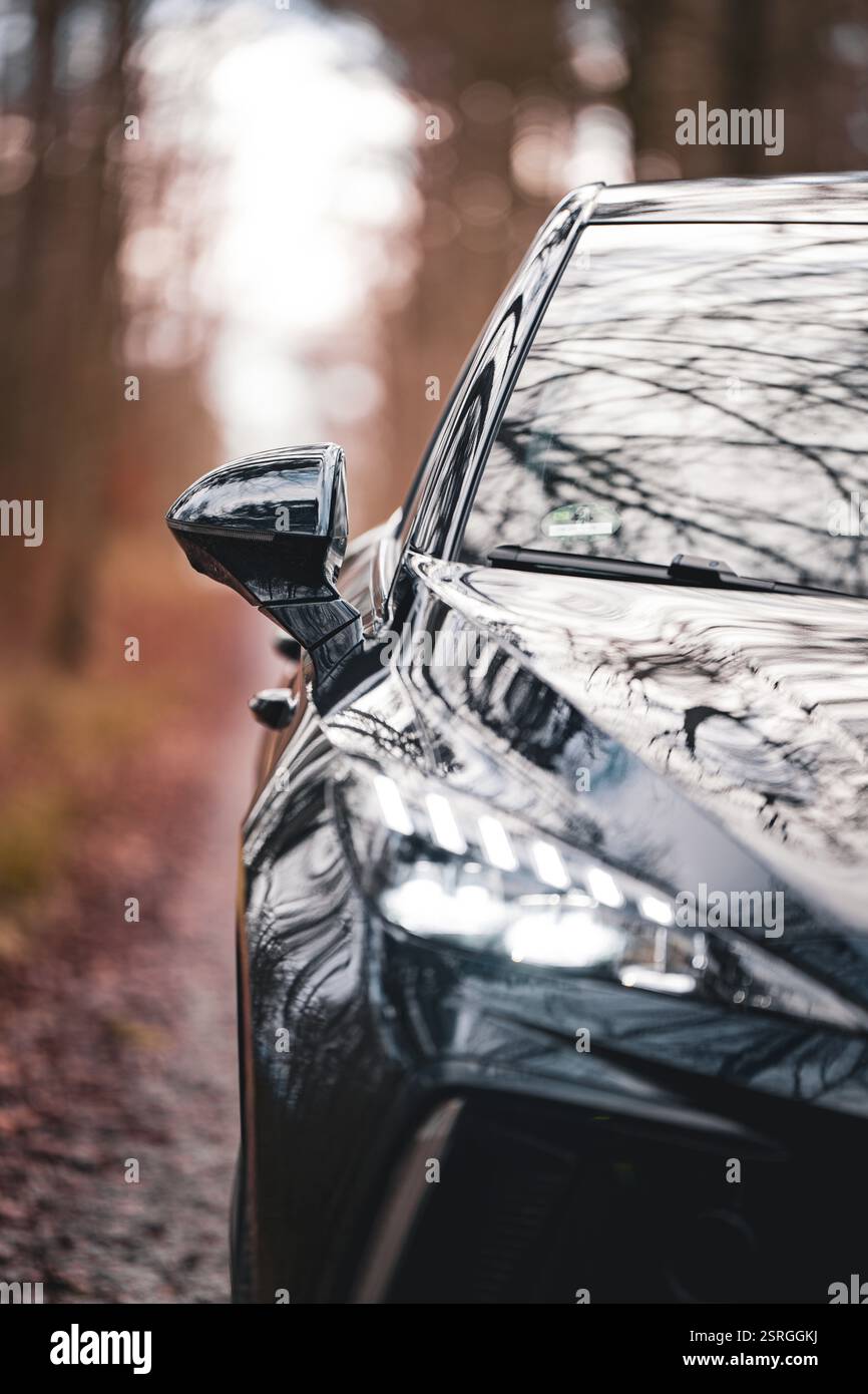 Auto nera, fari illuminati nella foresta, e-car sharing, Deer Mobility, MG4, Calw, Germania, Europa Foto Stock