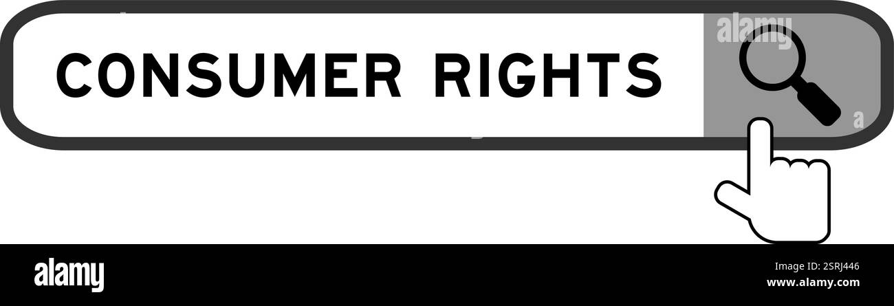 Cerca banner in Word diritti dei consumatori con l'icona della lente di ingrandimento a mano su sfondo bianco Illustrazione Vettoriale