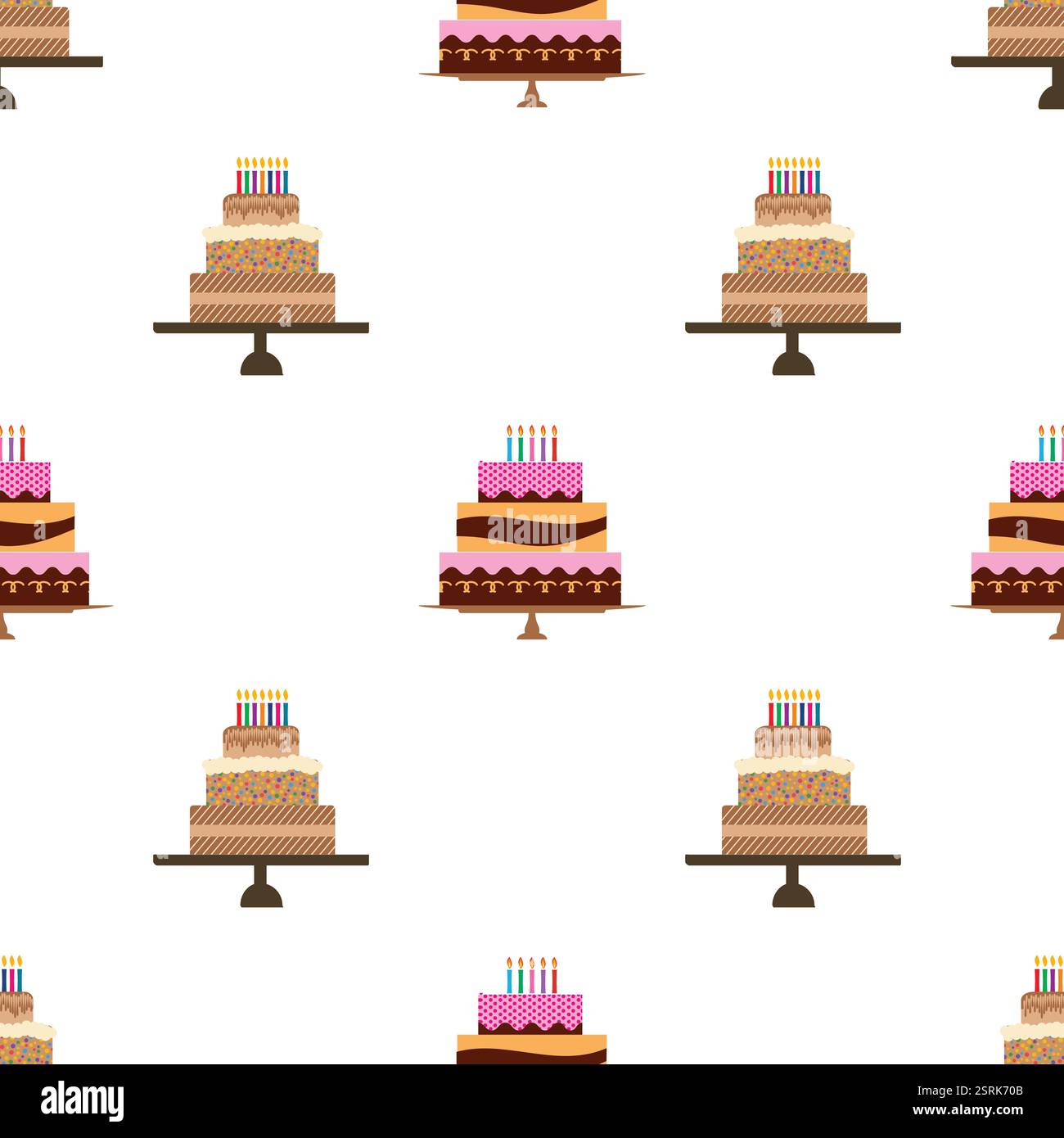 Motivo senza cuciture con cuori colorati, torte dolci e torte. Illustrazione vettoriale. Illustrazione Vettoriale