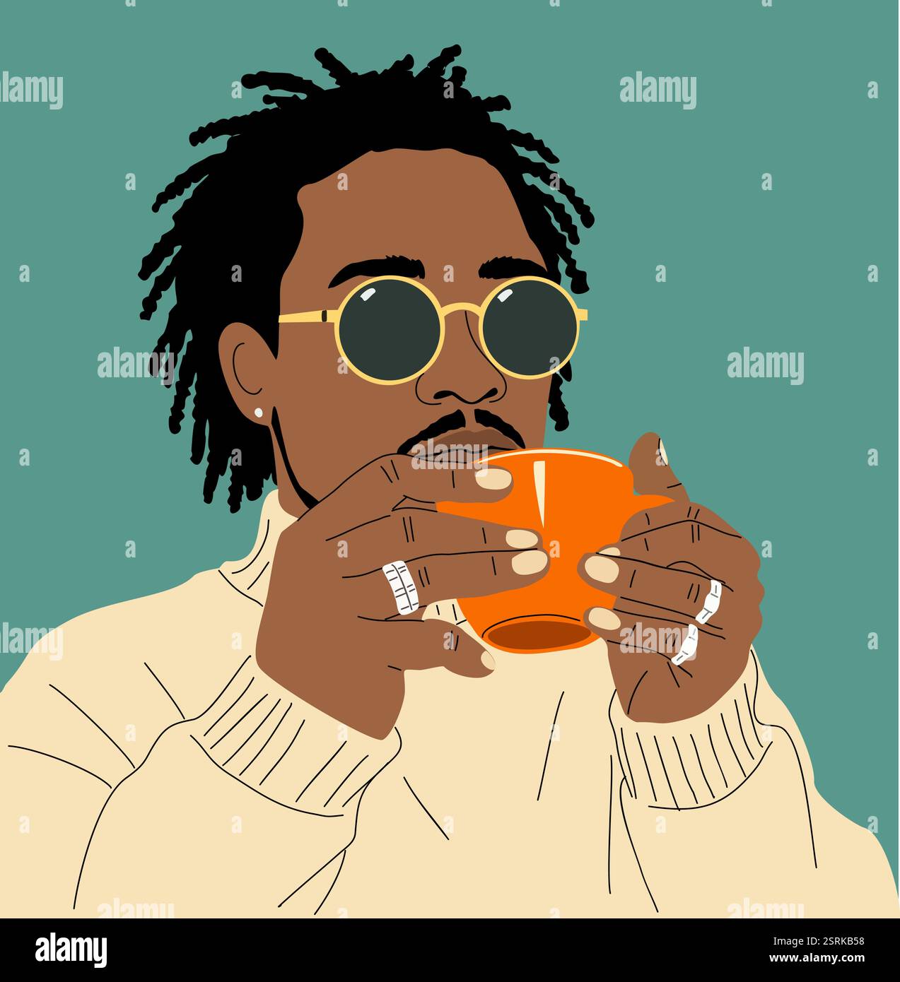 Uomo nero con dreadlock che reggono una tazza di caffè Illustrazione Vettoriale
